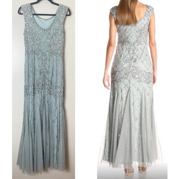 ADRIANNA PAPELL DRESS 10 GOWN SEQUIN BEADED LATTICE BLUE GRAY SLEEVELESS GODETS - Picture 4 of 16